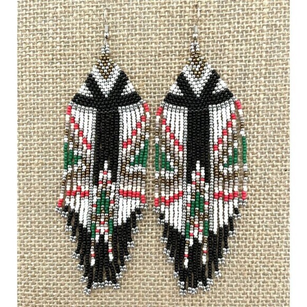 Handmade Miyuki Seed-Bead Fringe Dangling Earrings Western Style Black NWT